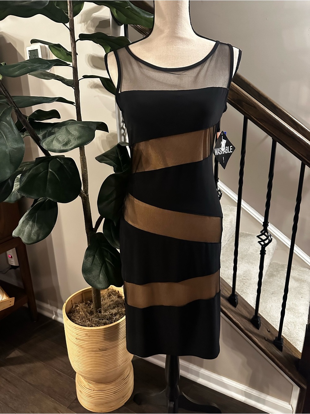R&M Richards Black and Bronze Mesh-Inset Sheath Dress